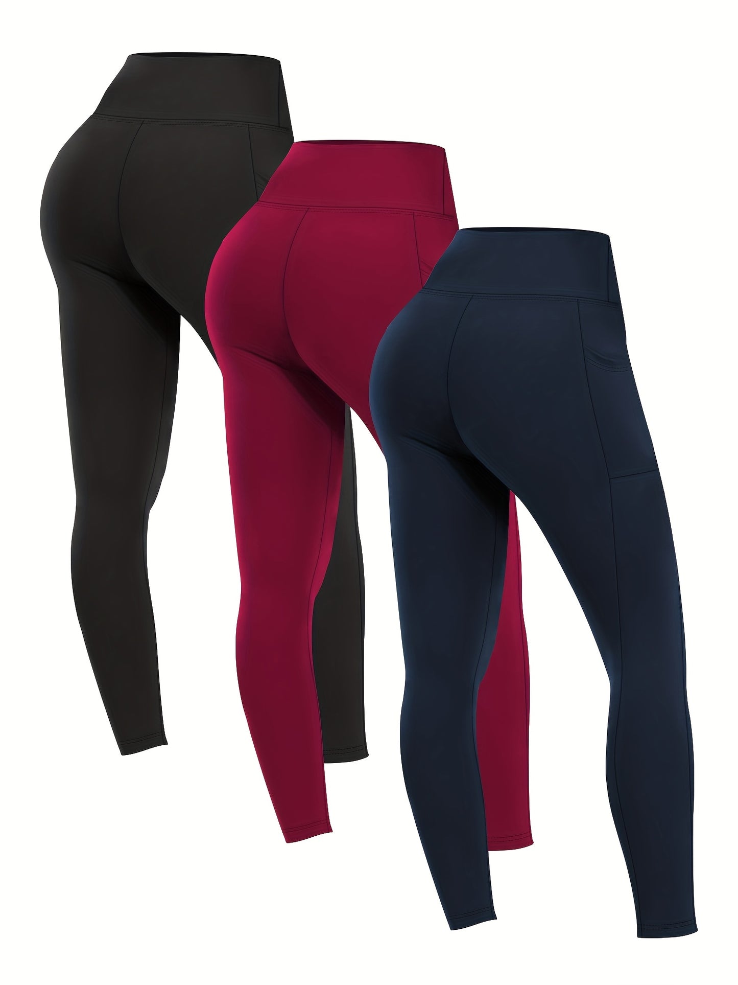 3pcs Set Women's High-Waisted Tummy Control Yoga Leggings - Full-Length Opaque Workout Pants with Pockets, 4-Way Stretch Soft Athletic Gym Pants for Running, Fitness, Yoga & Casual Attire - All-Season Tight Bodycon Leggings (