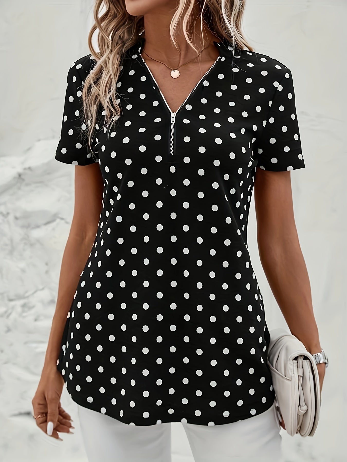 Polka Dots Print V Neck Blouse, Elegant Zipper Front Short Sleeve Blouse For Spring & Summer, Women's Clothing