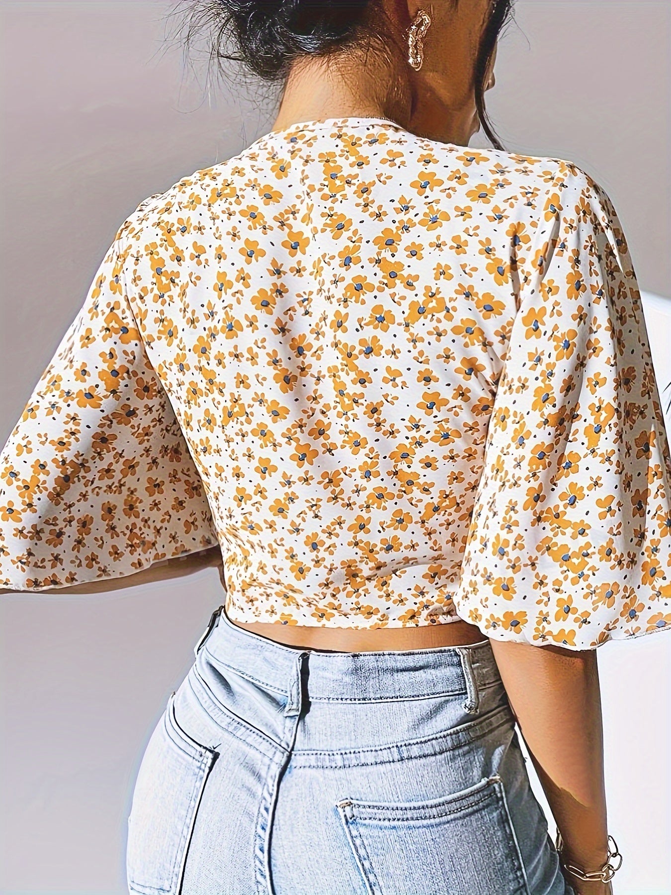 Floral Print Knotted Front Blouse, Casual Ruffle Sleeve Top For Spring & Summer, Women's Clothing