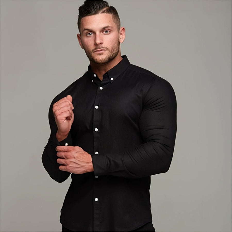 Solid Color Men's Slim Fit Stretch Quick-drying Long Sleeve Button Up Shirt, Spring Fall Workout Activity