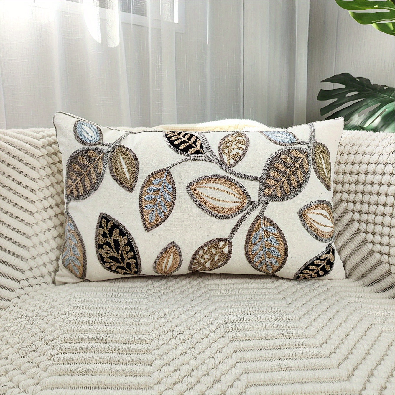 1pc Leaf Embroidered Decorative Throw Pillow Case, Canvas Cushion Cover For Living Room, Home Decor