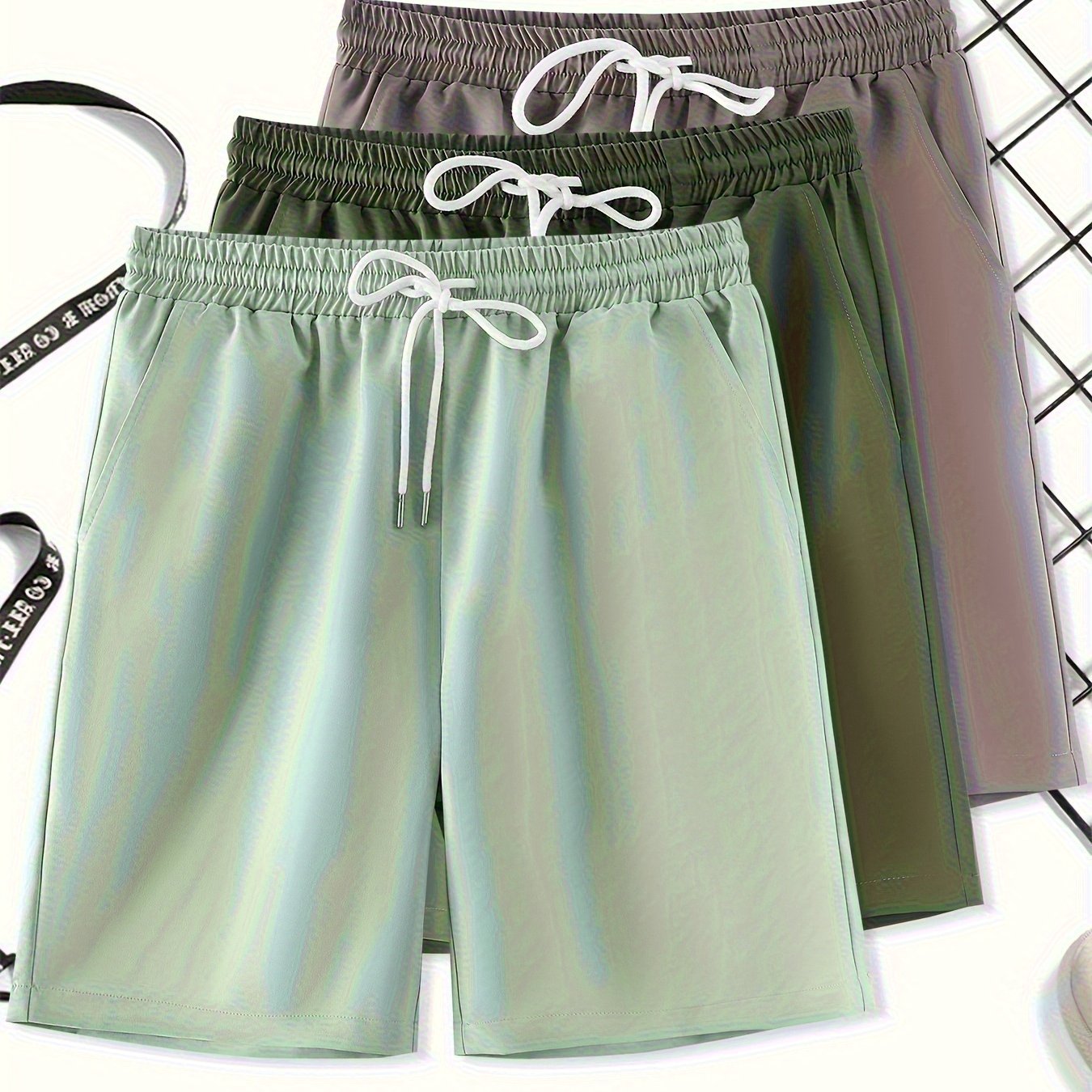 3pcs Men'S Plus Size Casual Shorts Set - White with Black Spider Web Print, Drawstring Waist, Non-Stretch Fabric, Perfect for Beach or Sports, Beach Shorts | Sporty Style | Woven Texture
