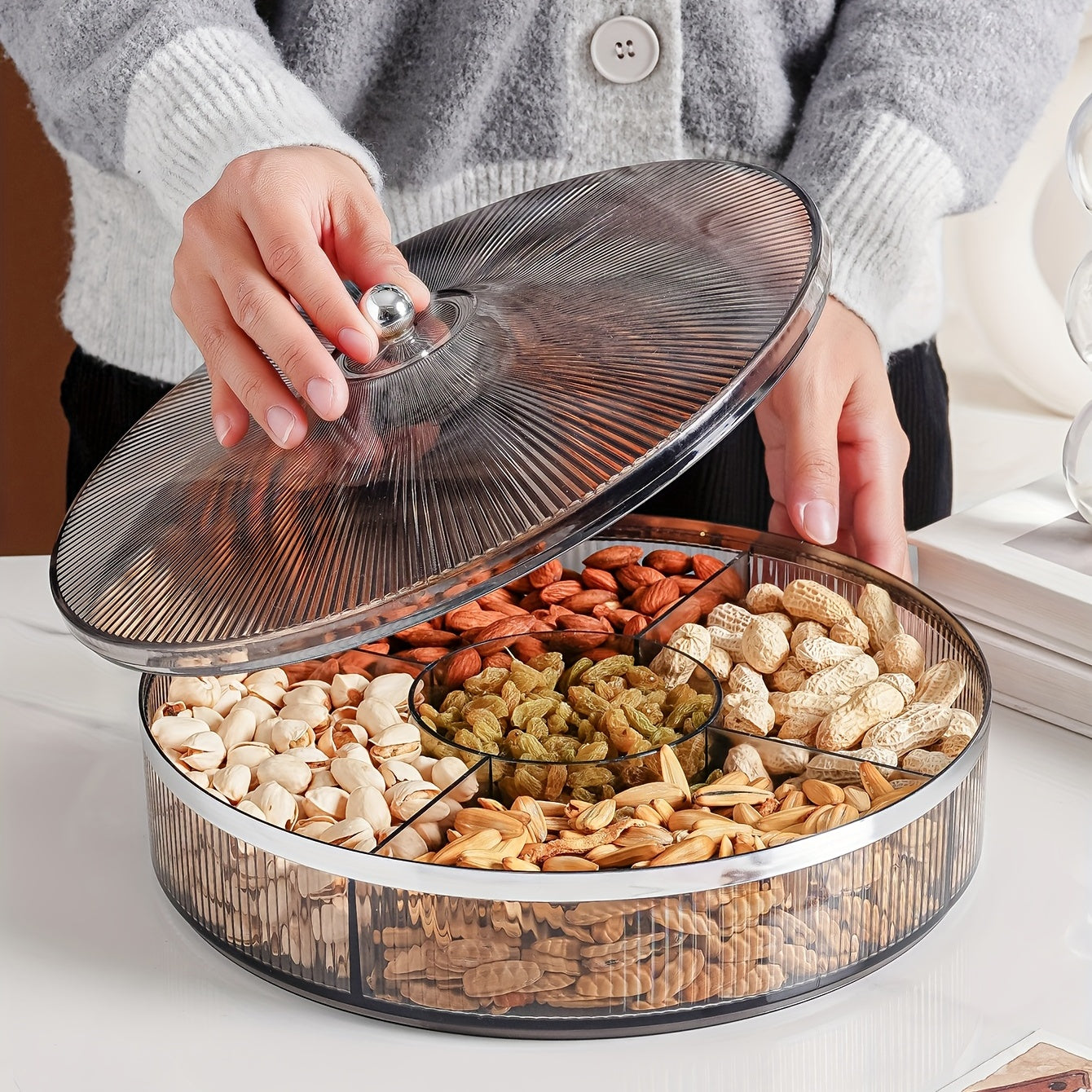 1pc, Candy Servers With Lid, 10.92in/28cm Clear Amber Gray Candy Snack Organizer, Candy Jar With Lids, Wedding Birthday Graduation Holiday Party Supplies, Home Decor