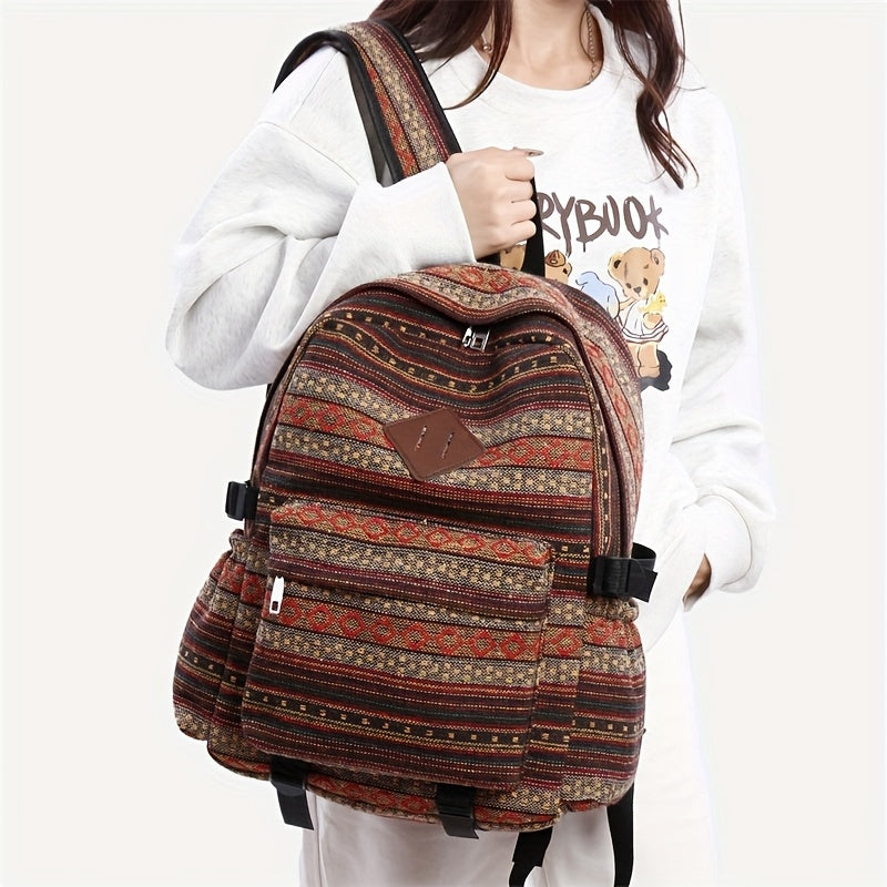 2025 vintage style backpack with adjustable straps, multiple compartments in brown, red, blue, and gray, large capacity travel and vacation backpack, travel backpack