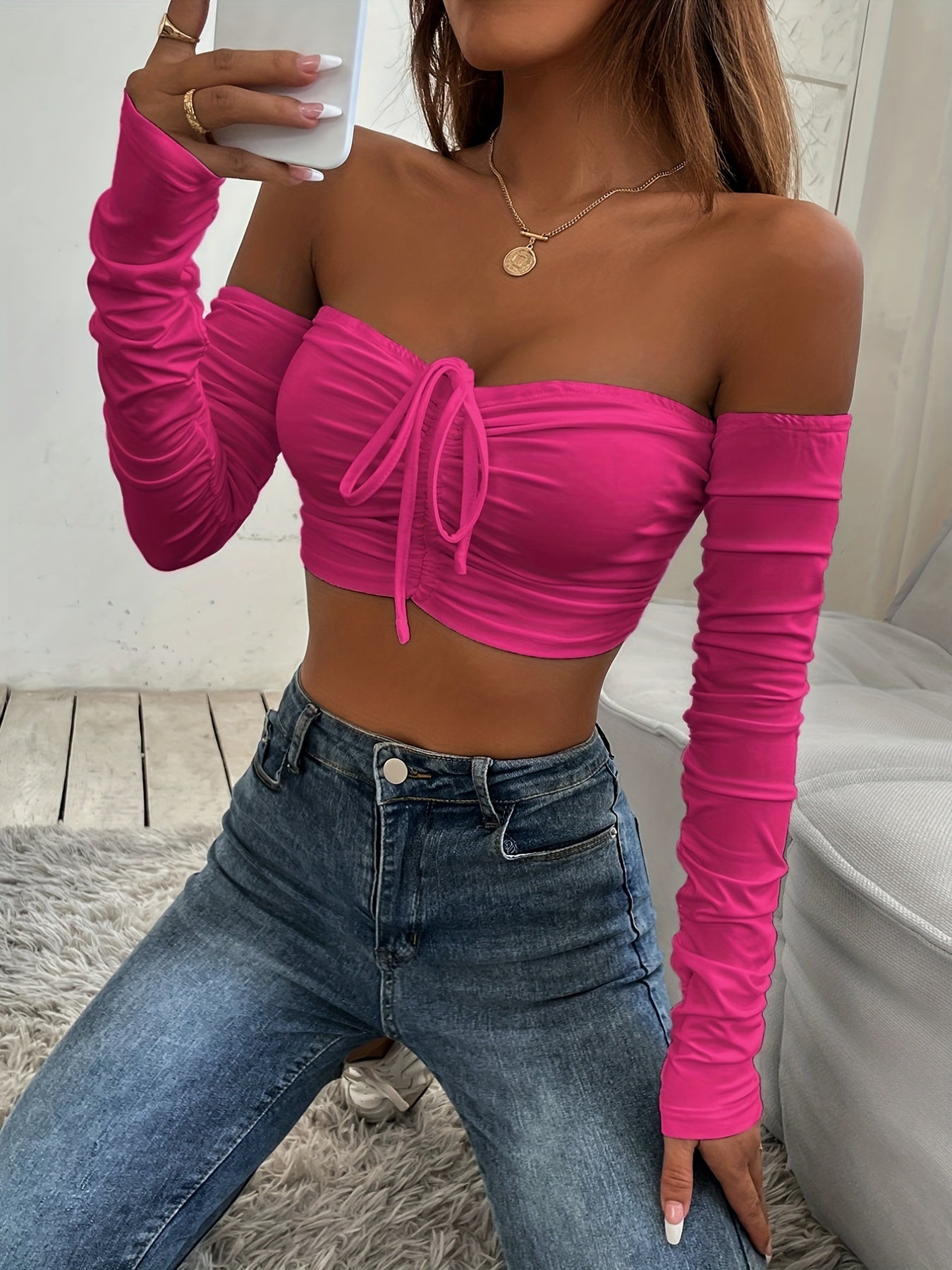 Off Shoulder Ruched T-shirt, Sexy Cropped Drawstring Long Sleeve T-shirt, Women's Clothing