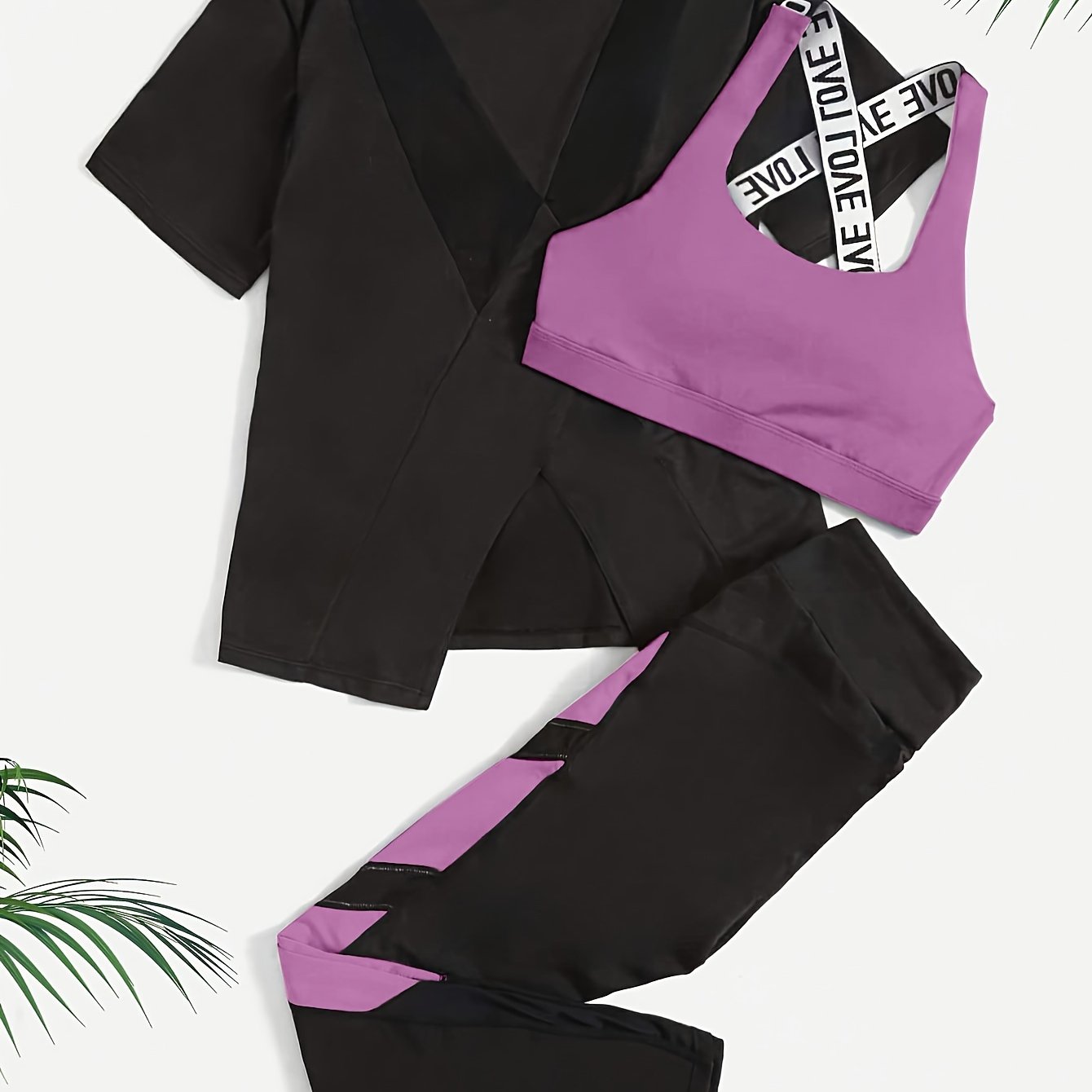 3pcs Women's Yoga Set in Black & Purple - High-Stretch, Sleeveless Sports Bra with Crisscross Straps, Short Sleeve Top & Leggings - Polyester & Elastane Blend, Machine Washable