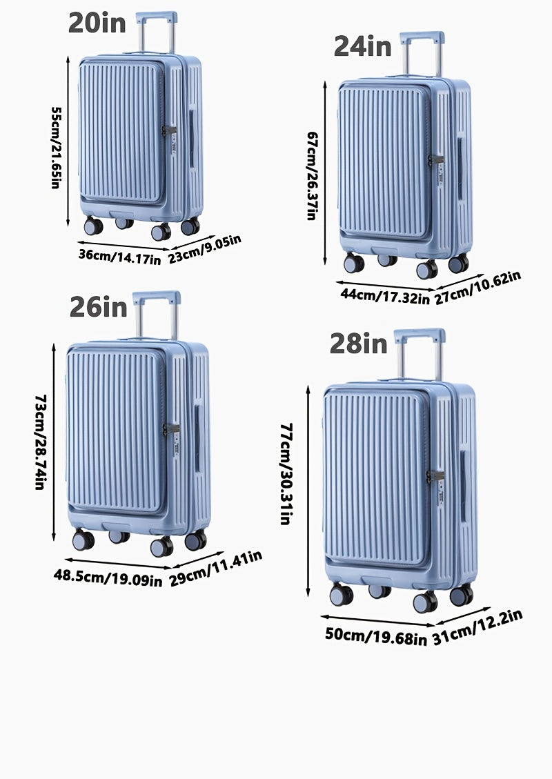 Hard Shell Spinner Luggage, Front Opening, Telescopic Handle, Durable ABS+PC Material, TSA Lock, Cup Holder, Shock Absorbing Wheels, Iron Pull Handle, No Electricity Required, No Print, for Travel