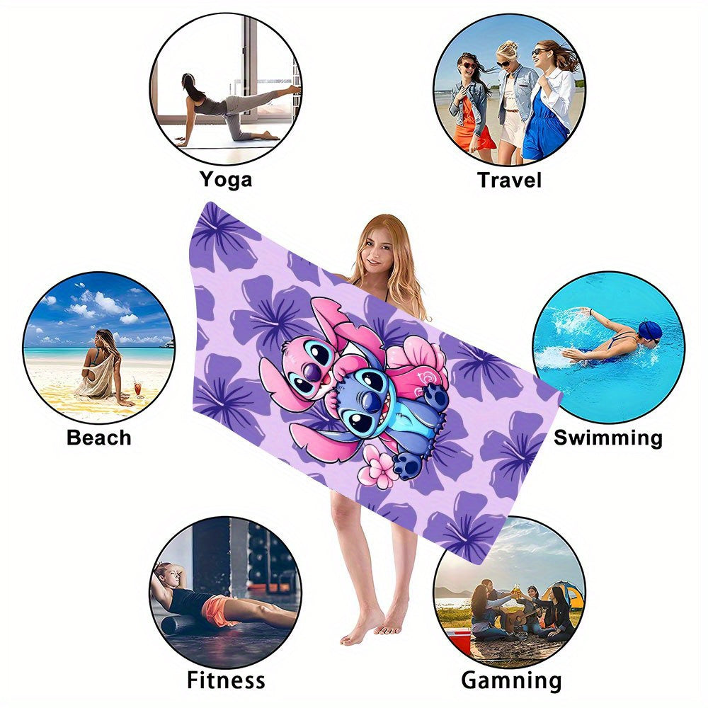 1pc Stitch Beach Towel - Soft Microfiber, Quick-Dry, Vibrant Purple & Pink Floral Design, Perfect for Yoga, Travel, Swimming, Fitness, Camping - Ideal St. Patrick'S Day Gift, Beach Accessories | Playful Design | Quick Dry Tow