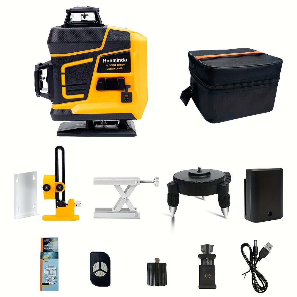 Honminda 16-Line 360° Self-Leveling Laser Level with Green Beam, 4x360° Vertical/Horizontal Cross Lines, Rechargeable Battery & Remote Control, Lifting Base & Tripod Included for Construction, Photography, Videography, Vide