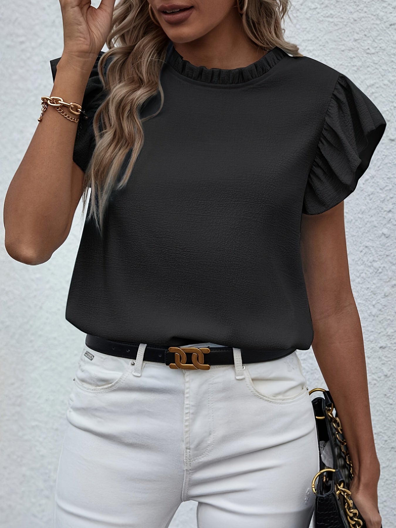 Ruffle Trim Solid Blouse, Elegant Blouse For Spring & Summer, Women's Clothing Wedding holiday vacation