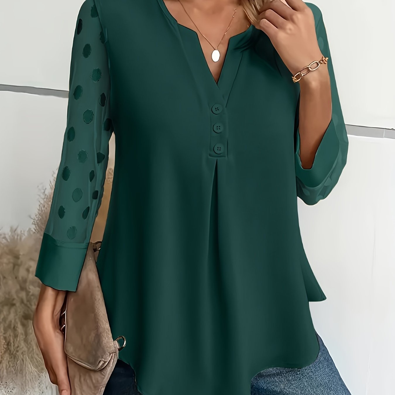 Solid Button Front Blouse, Elegant Long Sleeve Notched Neck Top, Women's Clothing