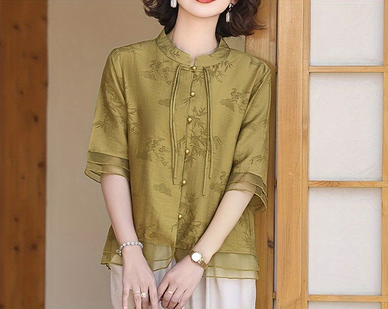 Women'S Elegant Summer Blouse with Floral Pattern - Short Sleeve, Mandarin Collar, Loose Fit, Light Olive Green, Perfect for Casual Attire, Casual Attire Blouse | Floral Pattern Top | Mandarin Collar Shirt
