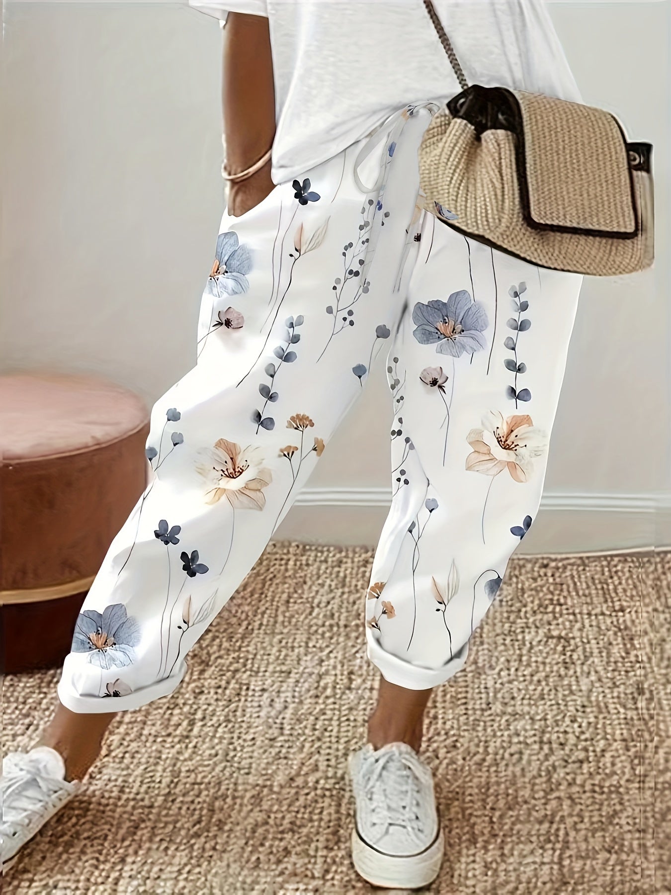 Floral Print Drawstring Straight Leg Pants, Casual Dual Pockets Pants For All Season, Women's Clothing