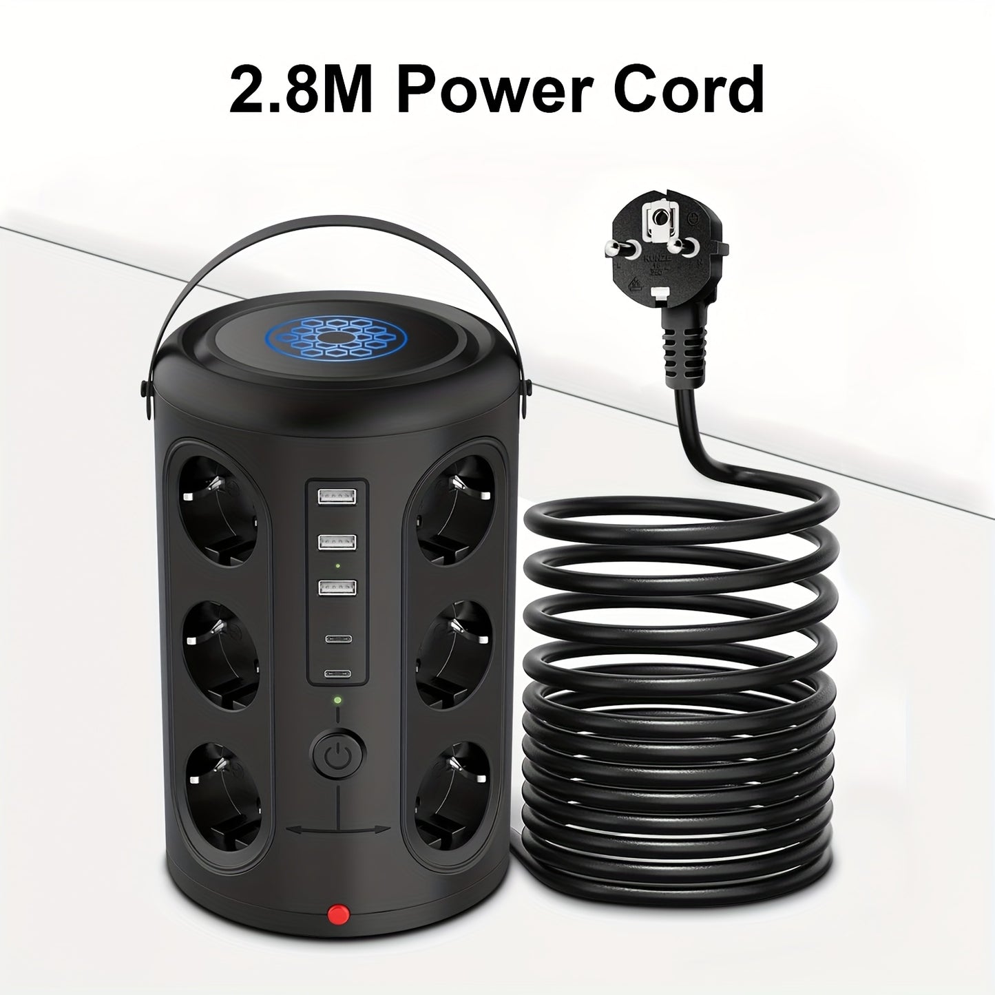 12-Slot Power Strip with 2 USB Fast Charging Ports, 2500W/10A, Voltage Protection, 2.8m Extension Cable, Desktop Tower Design & 2 Main Switches for Home/Office - EU Plug (Black)