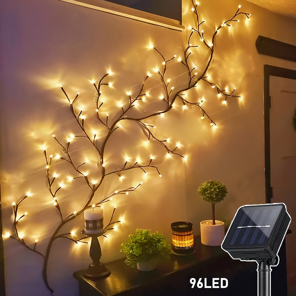 1pc Solar Rattan Branch String Lights, 72/96 LEDs Warm White,, 8 Modes, Decorative Indoor Outdoor Willow Tree Lighting, Perfect for Gazebo, Garden, Festive Party, Cafe, Balcony Decor
