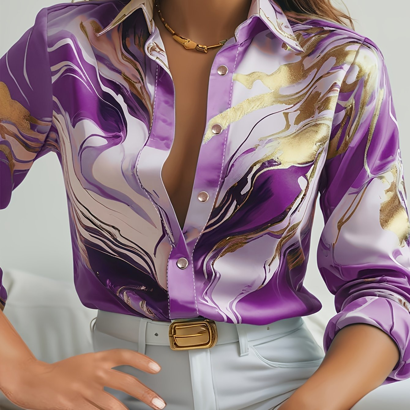 Allover Print Lapel Neck Blouse, Casual Button Front Long Sleeve Blouse For Spring & Fall, Women's Clothing