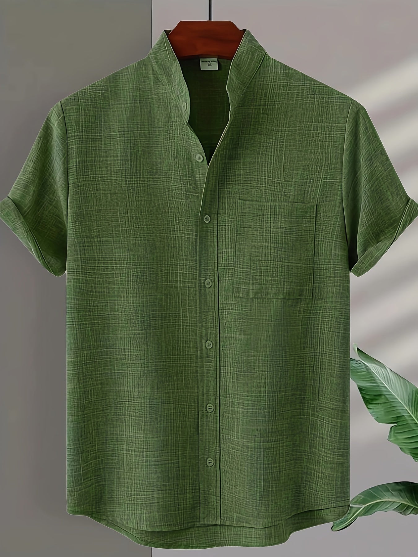 Solid Color Men's Short Sleeve Stand Collar Shirt, Men's Casual Button Up Shirt For Summer Outdoor