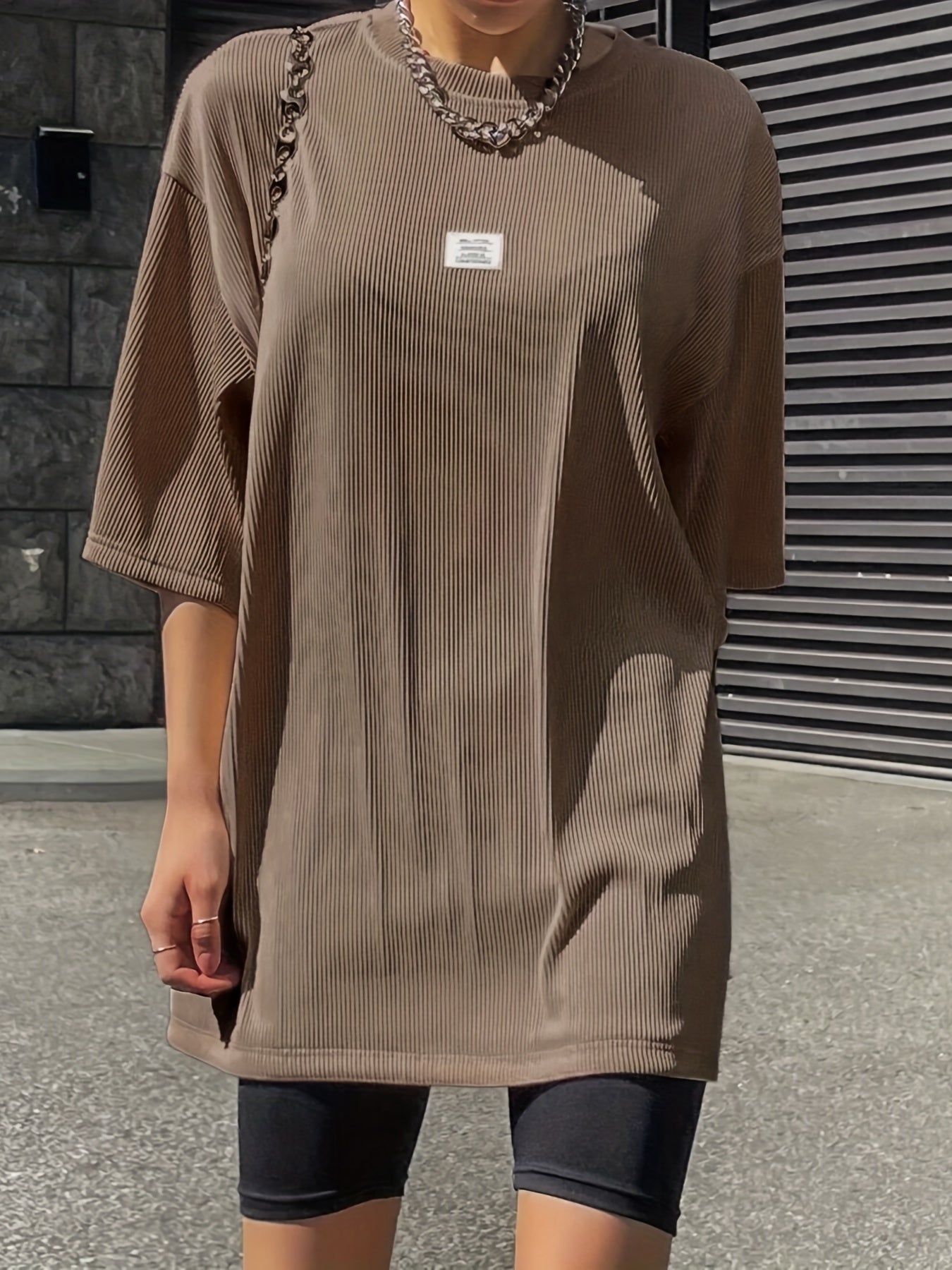 Oversized Drop Shoulder Ribbed T-Shirt, Casual Crew Neck Short Sleeve T-Shirt For Spring & Summer, Women's Clothing
