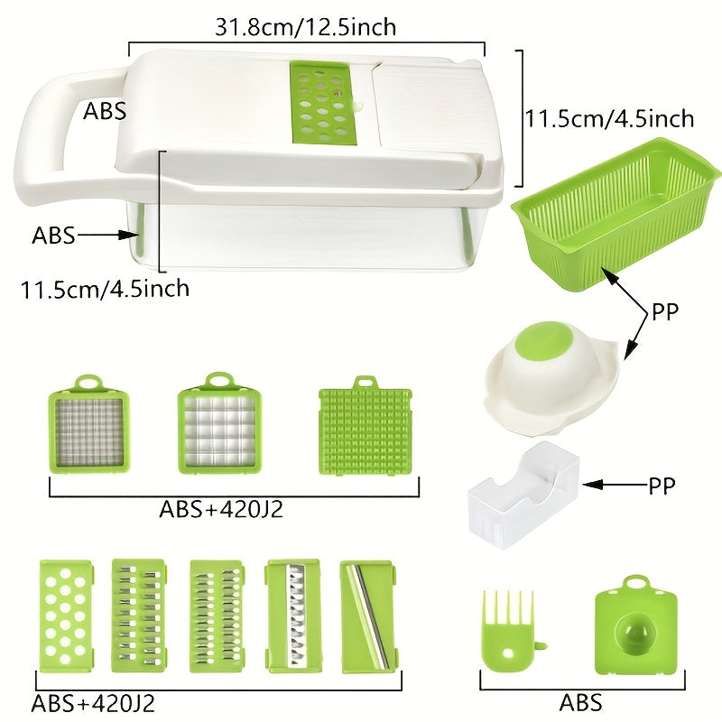 16pcs All-in-One Vegetable & Onion Chopper Set with Drainage Basket - Heavy-Duty Manual Food-Grade Stainless Steel Kitchen Chopper with Carrot, Garlic, Potato, Onion, And More - Ideal For Home, Restaurant, Rv, And Kitchen Use