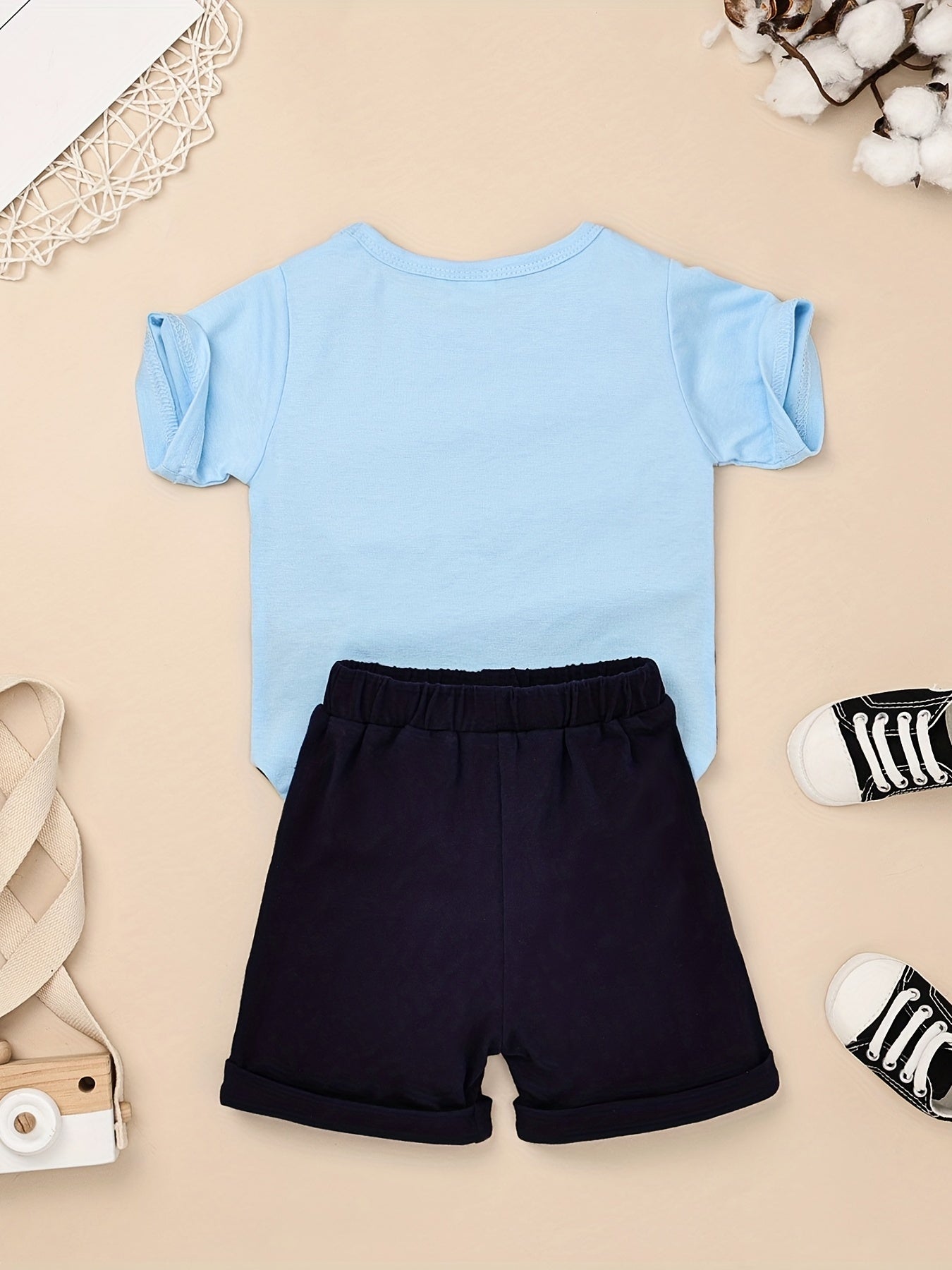 2pcs Baby Boys Summer Outfit Set - Cotton & Polyester Crew Neck T-Shirt with Stripes & Patch Detail, Short Sleeve, Drop Shoulder, Knit Fabric, with Matching Shorts with Belt & Fake Drawstring - Regular Fit, for Outdoor