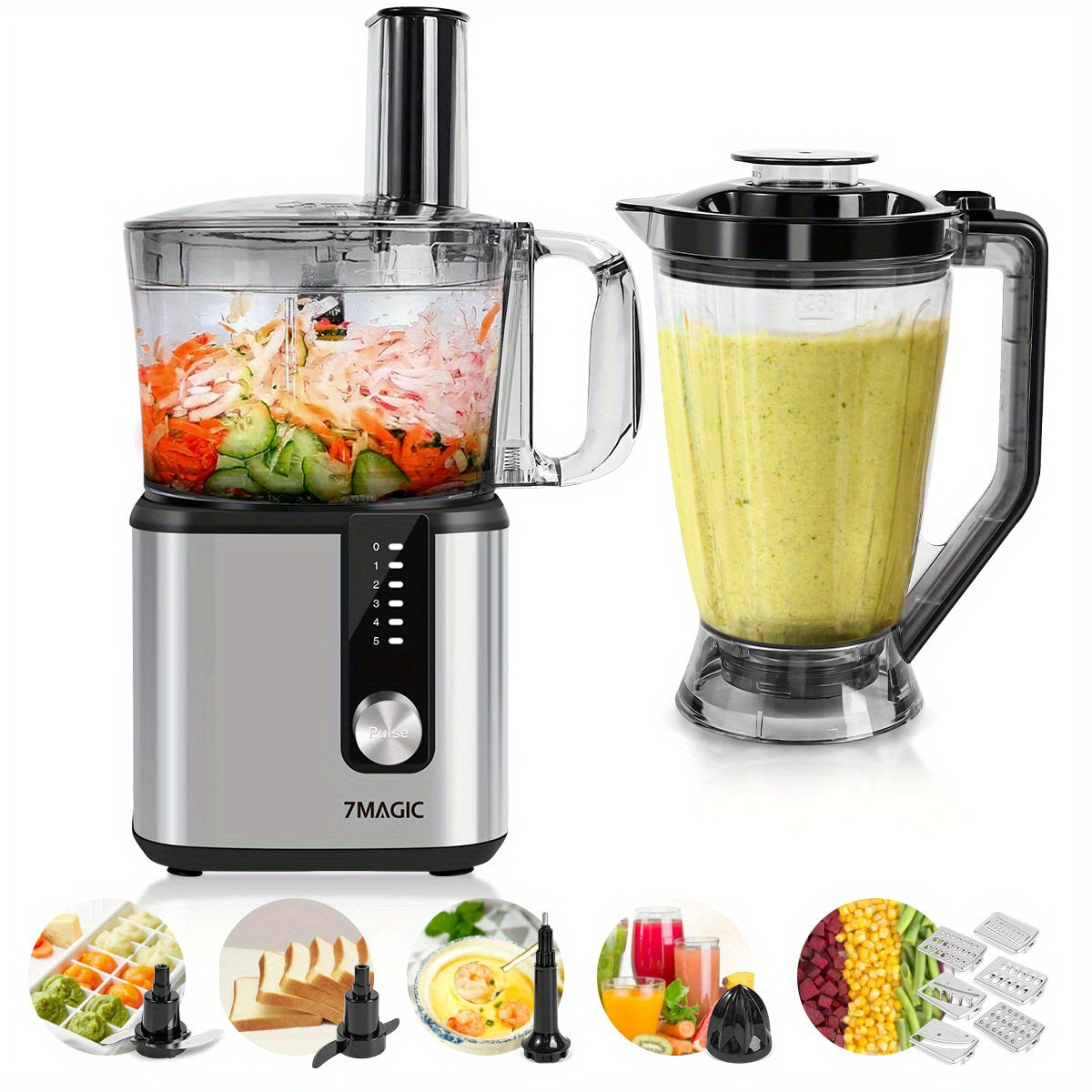 11 in 1 Food Processor Stainless Steel StandMixer 750W Dough Machine 1.8L+1.2L Mixer 5 Levels Mixer, With Chopping Blending Kneading Grinding Whisking Juicing