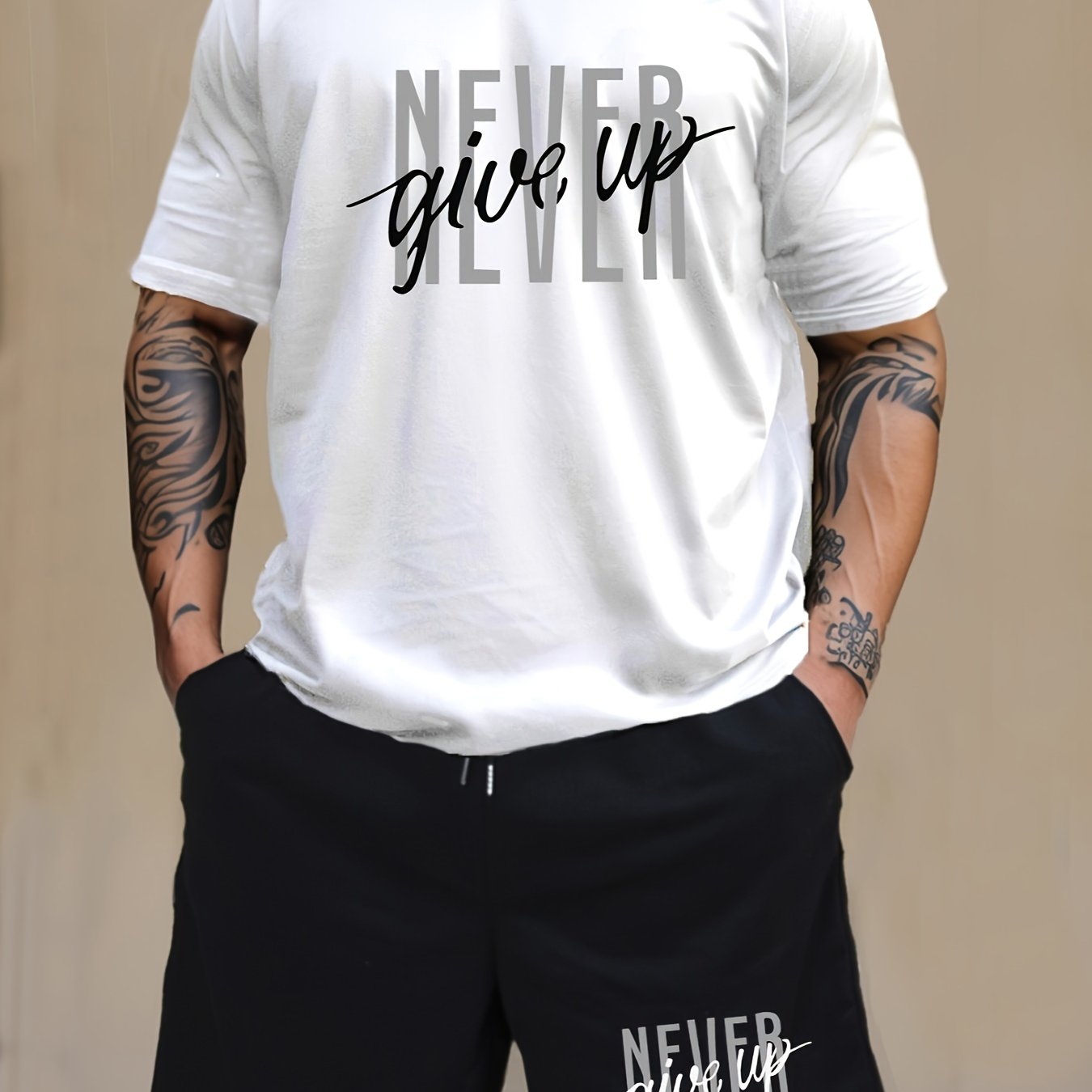 Men's Fashion NEVER GIVE UP Letter Print Loungewear Set, Short Sleeve Crew Neck Graphic T-shirt & Drawstring Shorts With Pockets, Casual Pajama Set, Men's 2piece Outfits