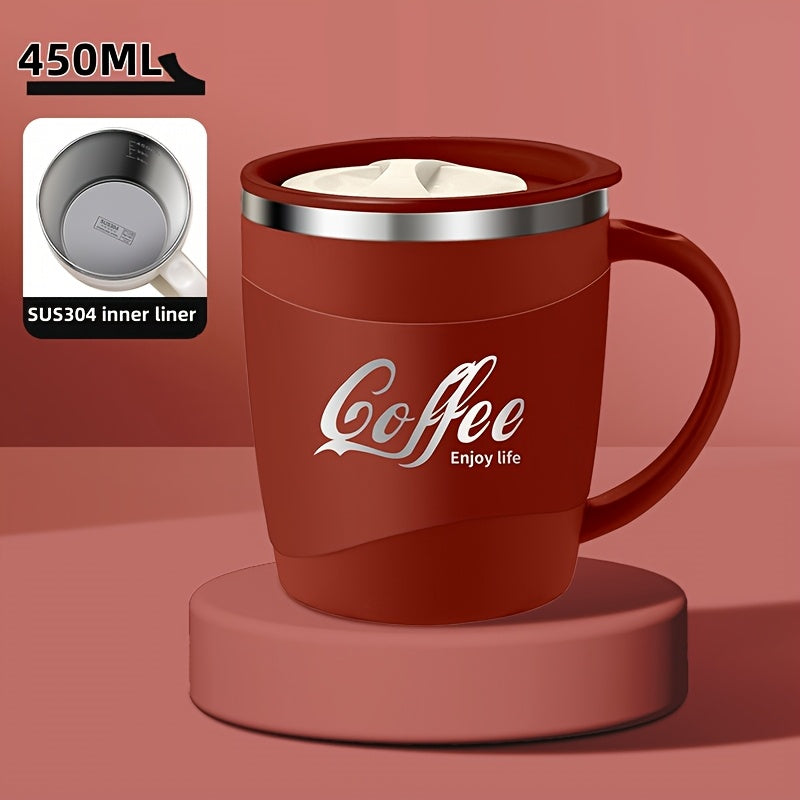 1pc 15.4oz Stainless Steel Coffee Mug with Lid & Measurement Marks - Durable 304 Stainless Steel Cup for Office, Outdoor, or Home Use - White, Black, Red Options, Office Coffee Mug | Sleek Mug Design | Secure Lid Design, Coff
