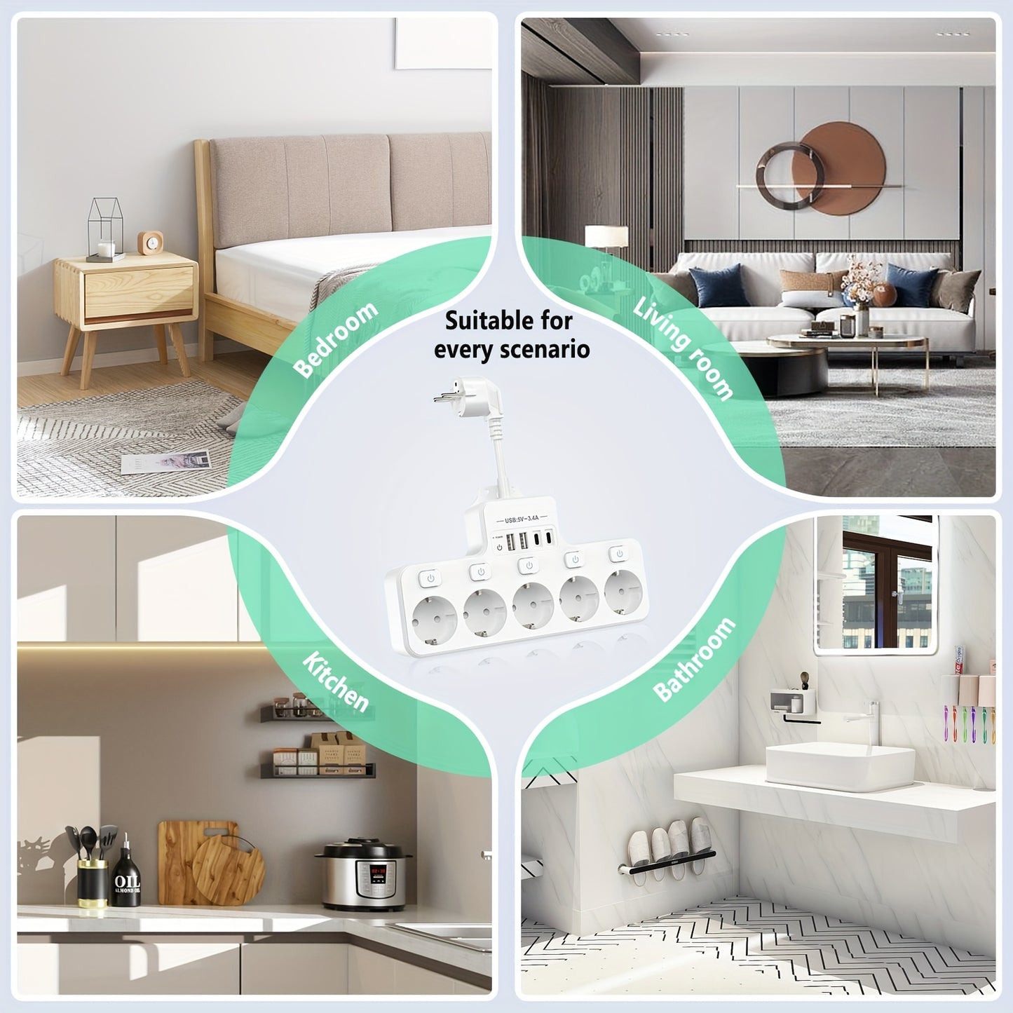 A 9-In-1 Power Strip with USB, Featuring 5 EU Sockets with Individual And Master Switches, 2 USB-A And 2 USB-C Ports, Flexible Cable Sockets, Wall-Mounted Design, Suitable for Home, Kitchen, Office, And Travel.