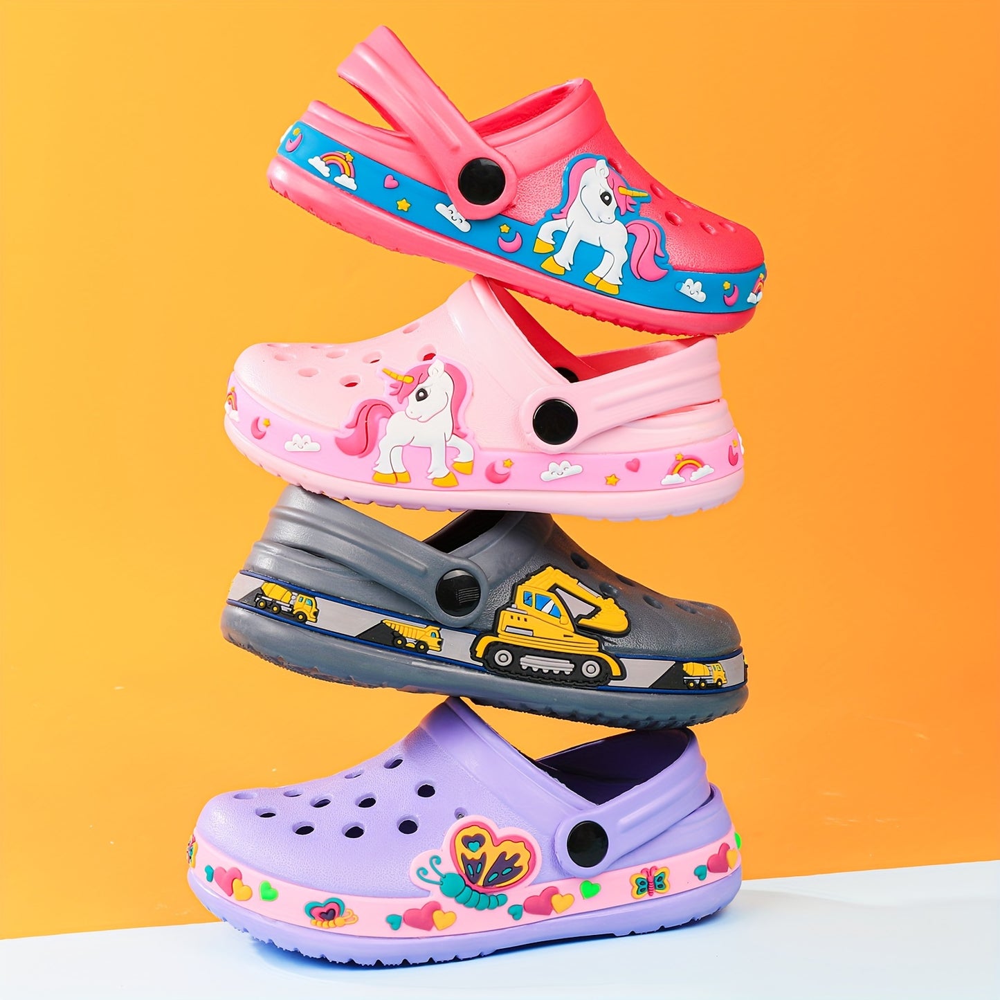 Toddler Girls Cute Cartoon Print Closed Toe Slip On Platform Clogs, Children's Casual Outdoor Anti-skid Hollow Out Sandals Beach Garden Shoes