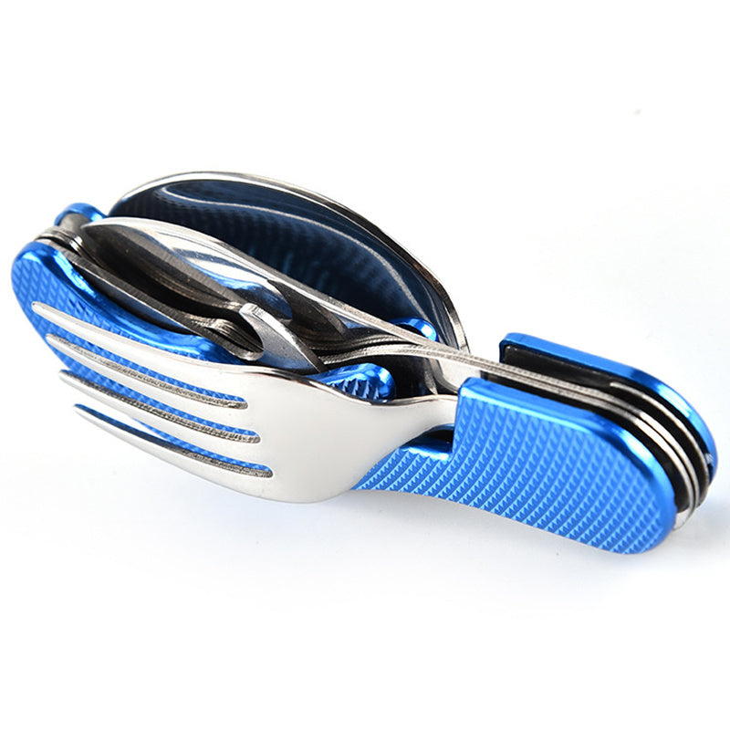 Stainless Steel 4-in-1 Outdoor Tableware Set with Folding Spoon, Fork, Knife, and Bottle Opener - Perfect for Camping, Picnics, Hiking, and Travel