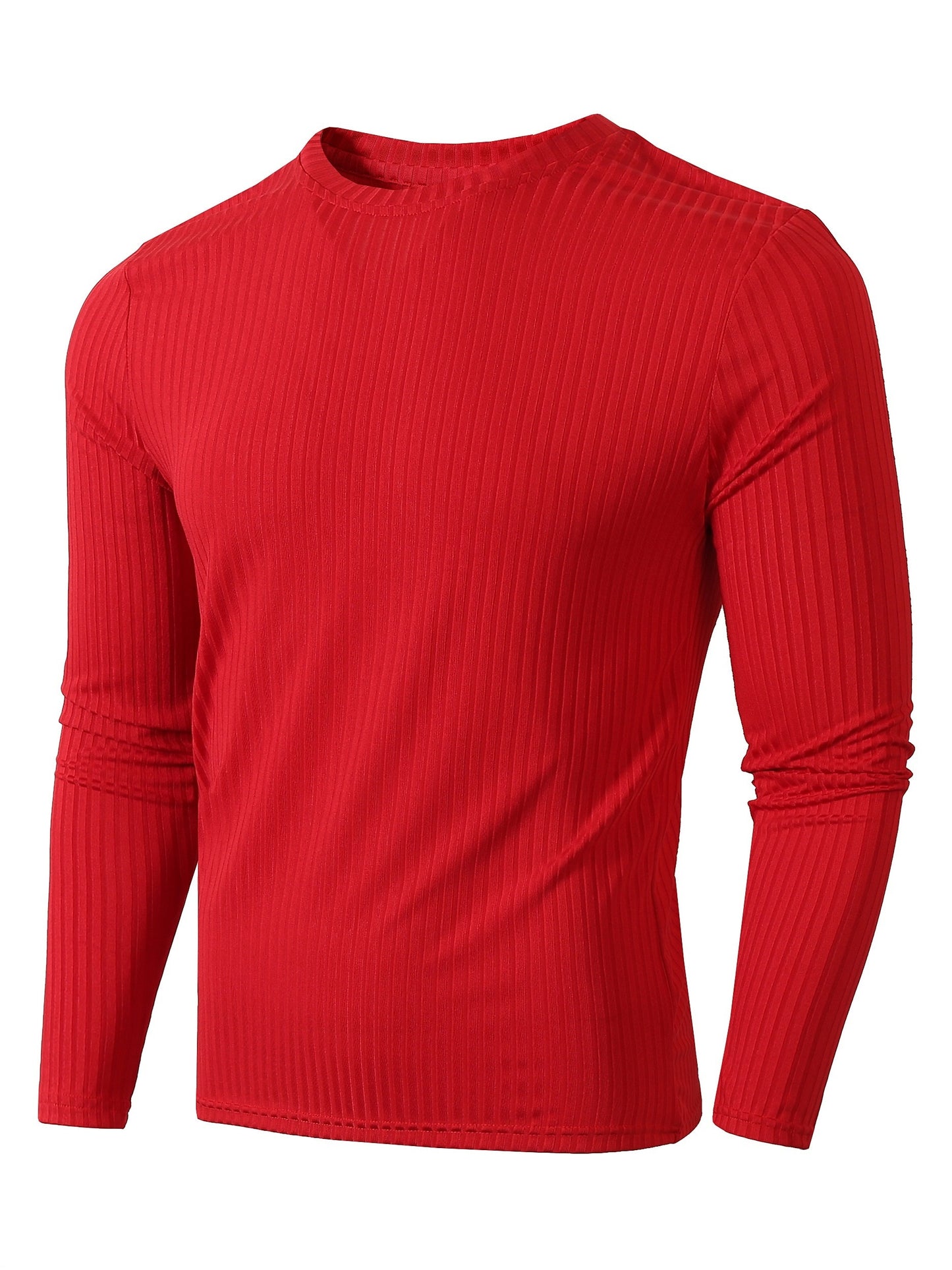 Ribbed Men's Casual Stretch Breathable Lightweight Long Sleeve Round Neck T-shirt For Spring Fall, Running Training