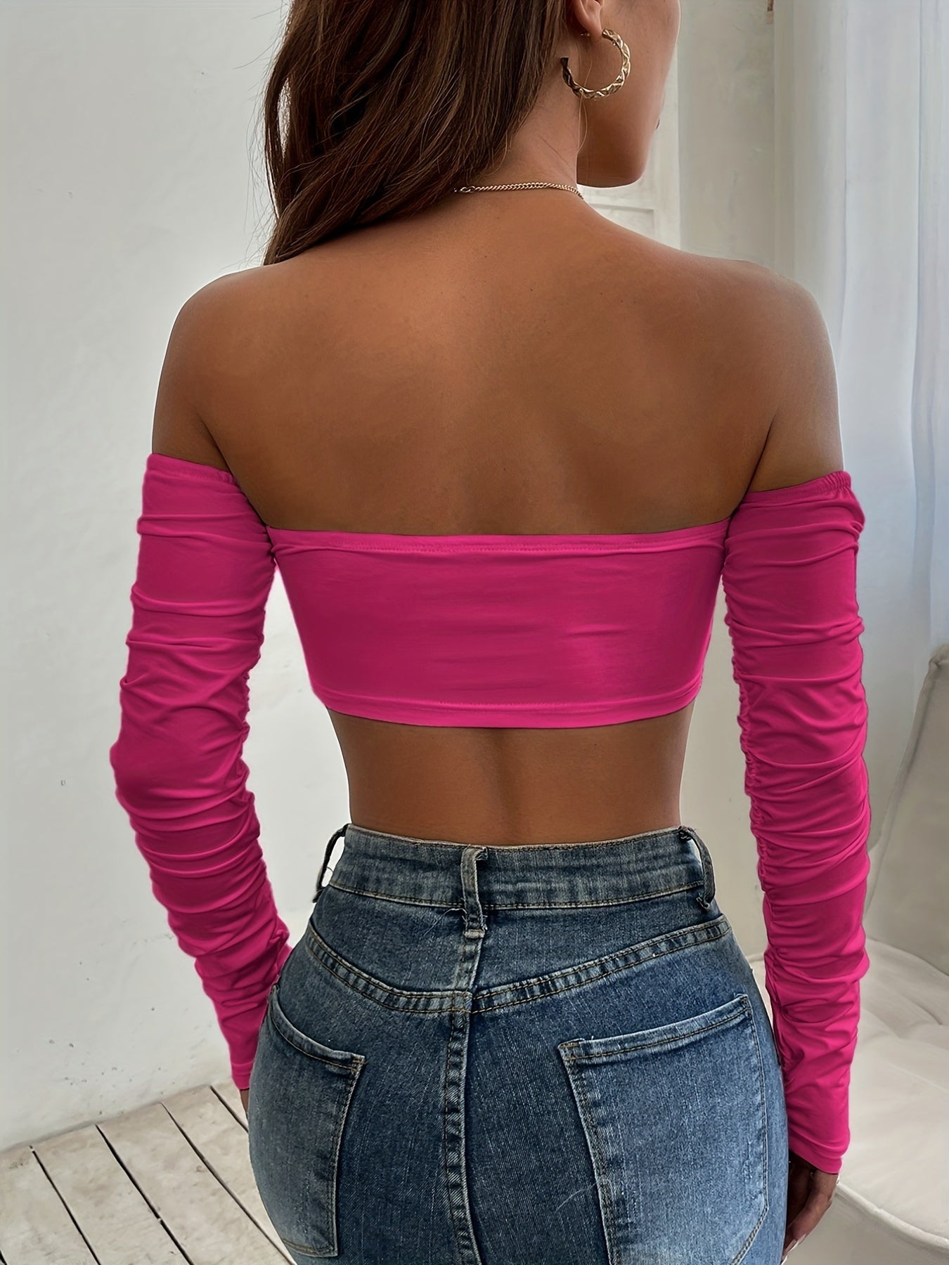 Off Shoulder Ruched T-shirt, Sexy Cropped Drawstring Long Sleeve T-shirt, Women's Clothing