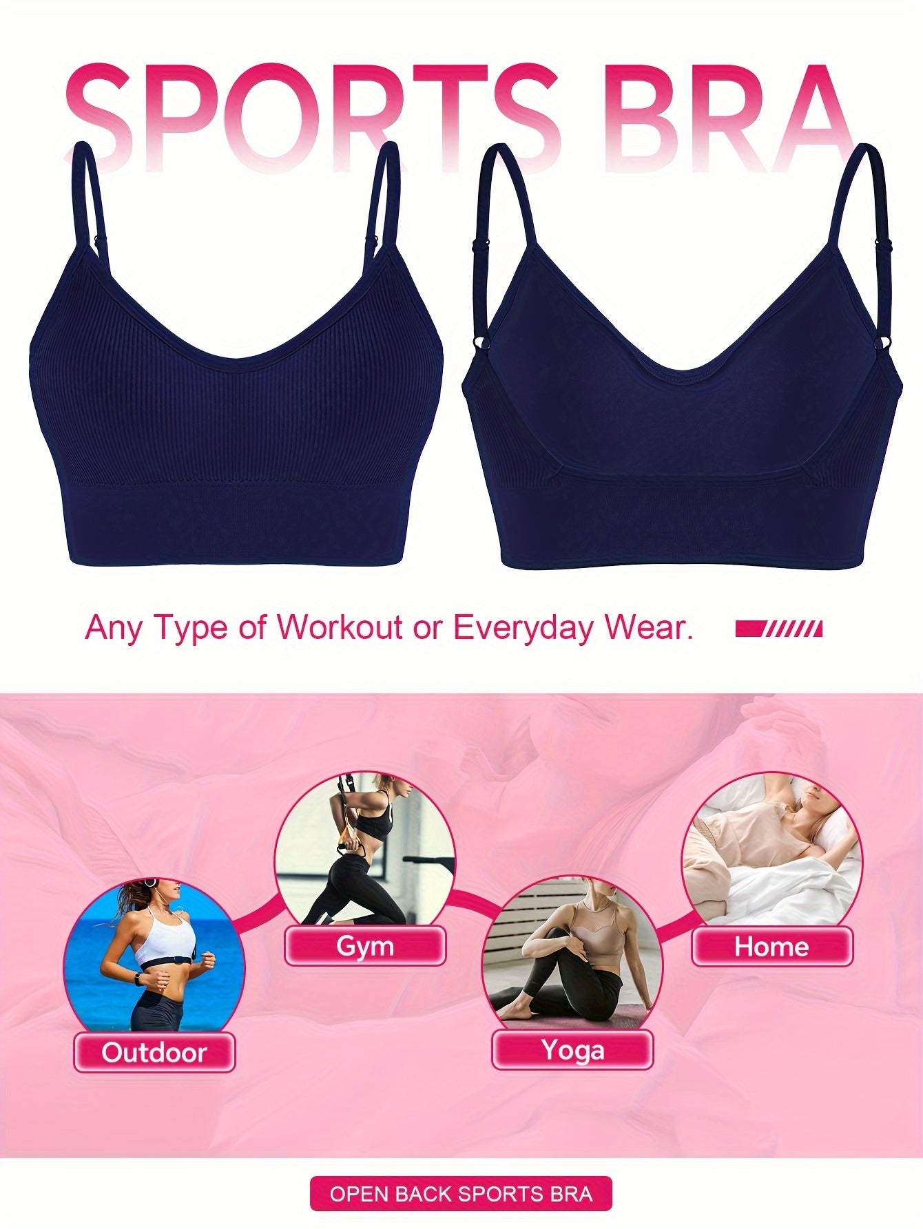 Solid Ribbed Sports Bra, Comfy & Breathable Workout Fitness Intimates Bra, Women's Lingerie & Underwear