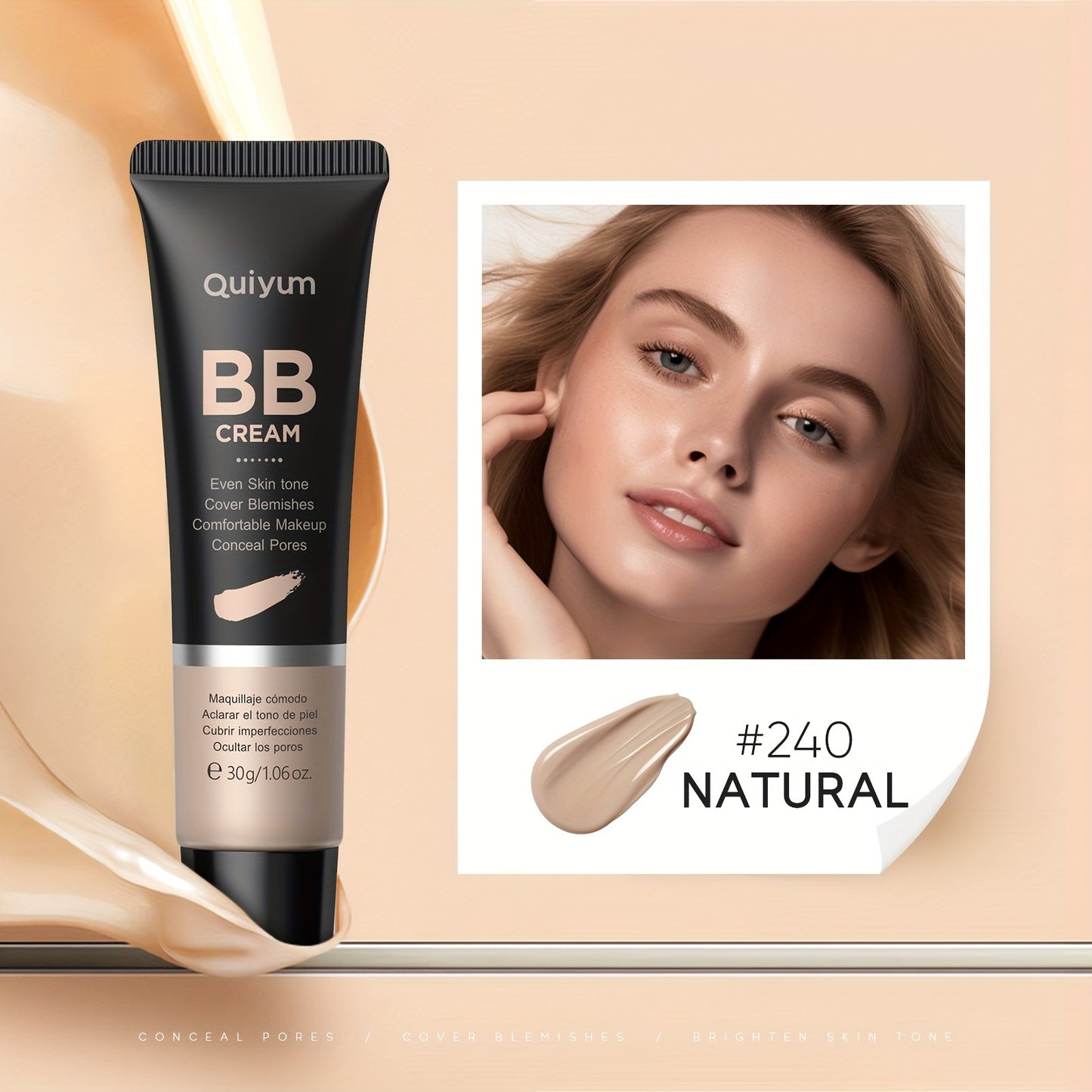 Quiyum BB Cream, Waterproof Long Lasting Pores Concealer, Brighten Skin Tone, Cover Blemishes Make Up Foundation 30g