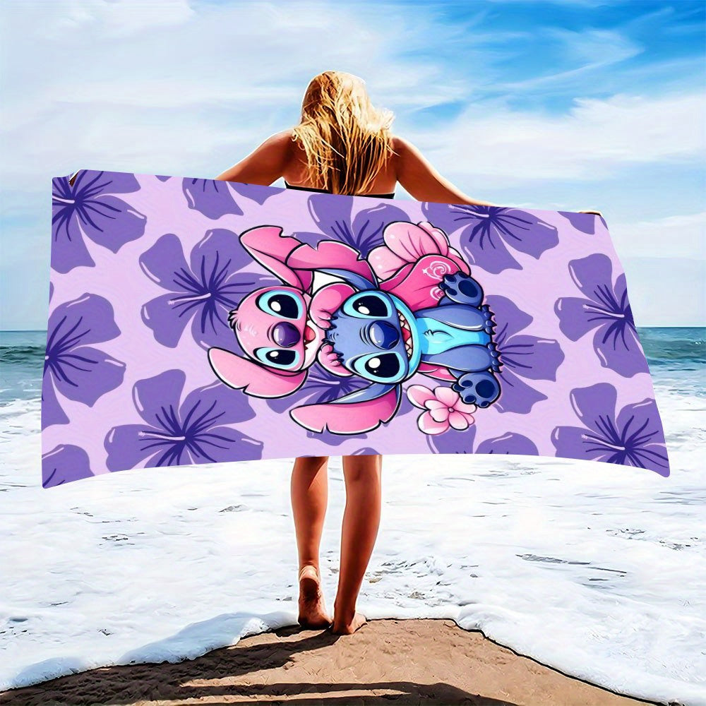 1pc Stitch Beach Towel - Soft Microfiber, Quick-Dry, Vibrant Purple & Pink Floral Design, Perfect for Yoga, Travel, Swimming, Fitness, Camping - Ideal St. Patrick'S Day Gift, Beach Accessories | Playful Design | Quick Dry Tow