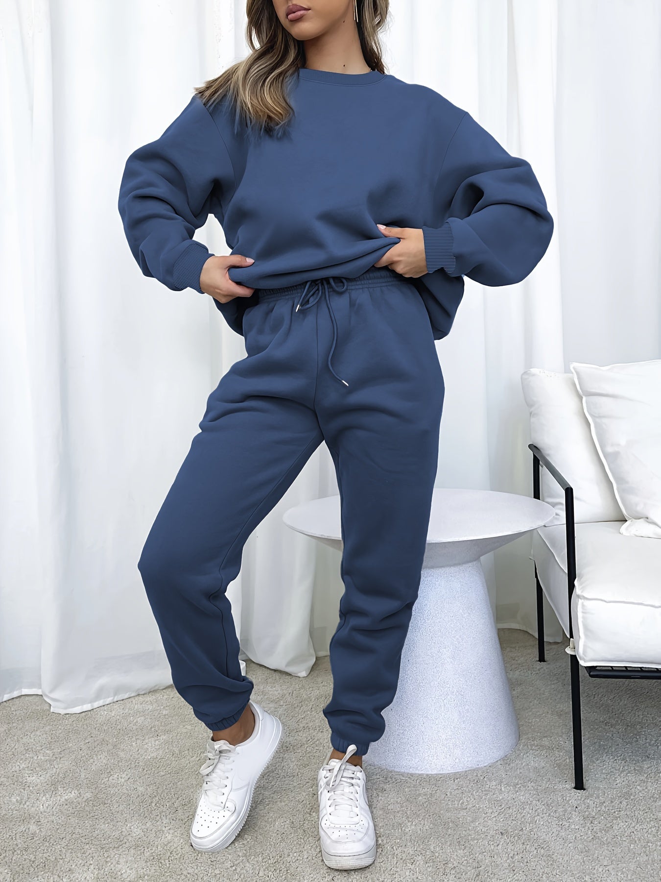 Solid Casual Two-piece Set, Crew Neck Long Sleeve Tops & Drawstring Jogger Pants Oufits, Women's Clothing