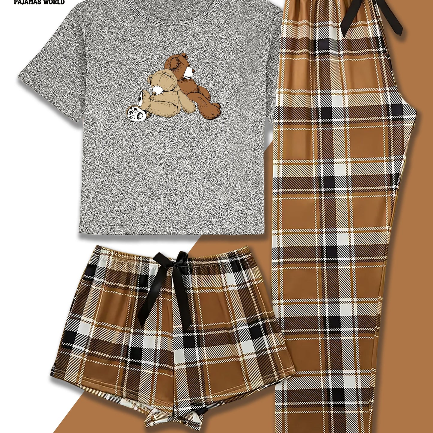 Women'S Casual Cartoon Bear & Plaid Pajama Set - Soft, Loose-Fit Short Sleeve Top with Elastic Waistband, Long Pants & Shorts, Cozy Fall/Winter Sleepwear