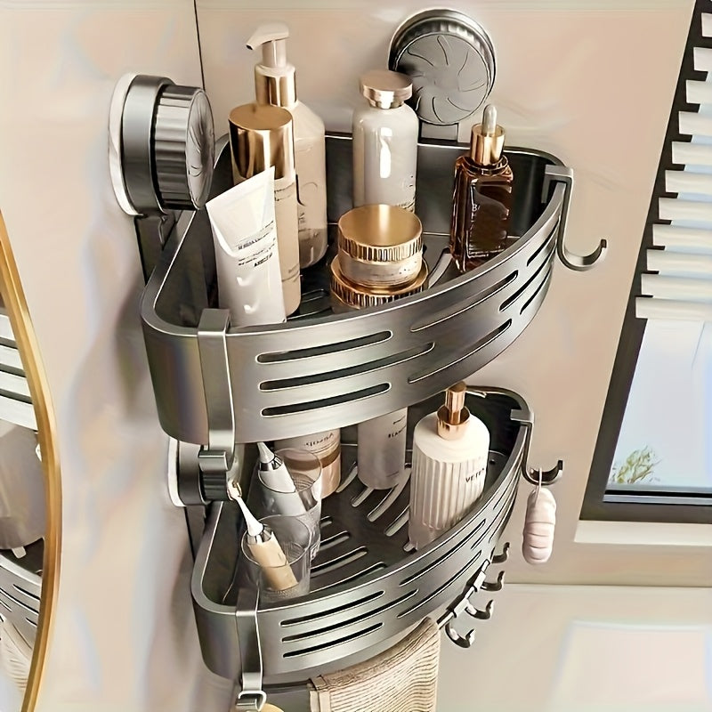 Space-Saving Suction Cup Bathroom Rack - No Drilling Required, Strong Triangular Shelf with Hooks, Suitable for Shower and Toilet Wall/Tiles, Multifunctional Storage Organizer, Available in 4 Seasons