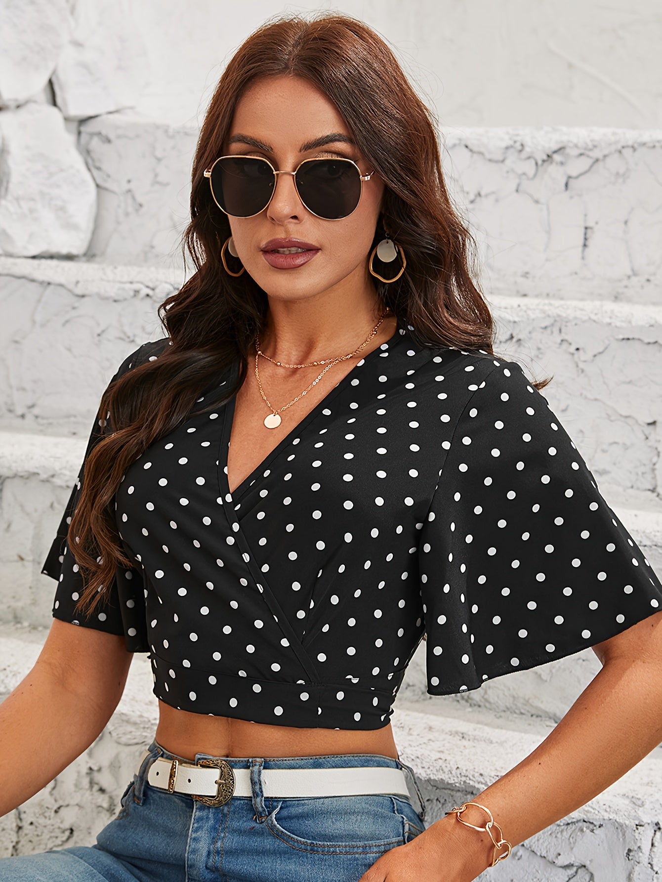 Polka Dot Print Surplice Neck Blouse, Elegant Ruffle Sleeve Crop Top For Spring & Summer, Women's Clothing