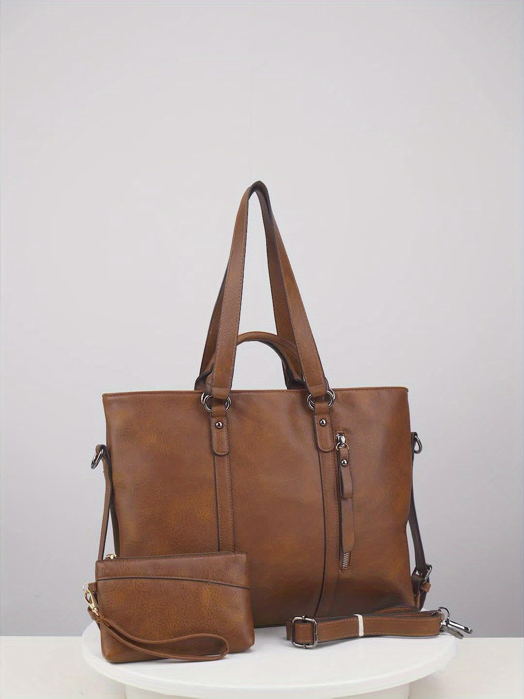 Women's Thickened Soft Synthetic Leather Tote & Crossbody Purse - Large Capacity Multi-Pocket Organizer with Removable Shoulder Strap, Zipper Closure, Oil-Edged Trim - Work, Travel, Casual Bag in Brown, Navy, Red, Black - Chr
