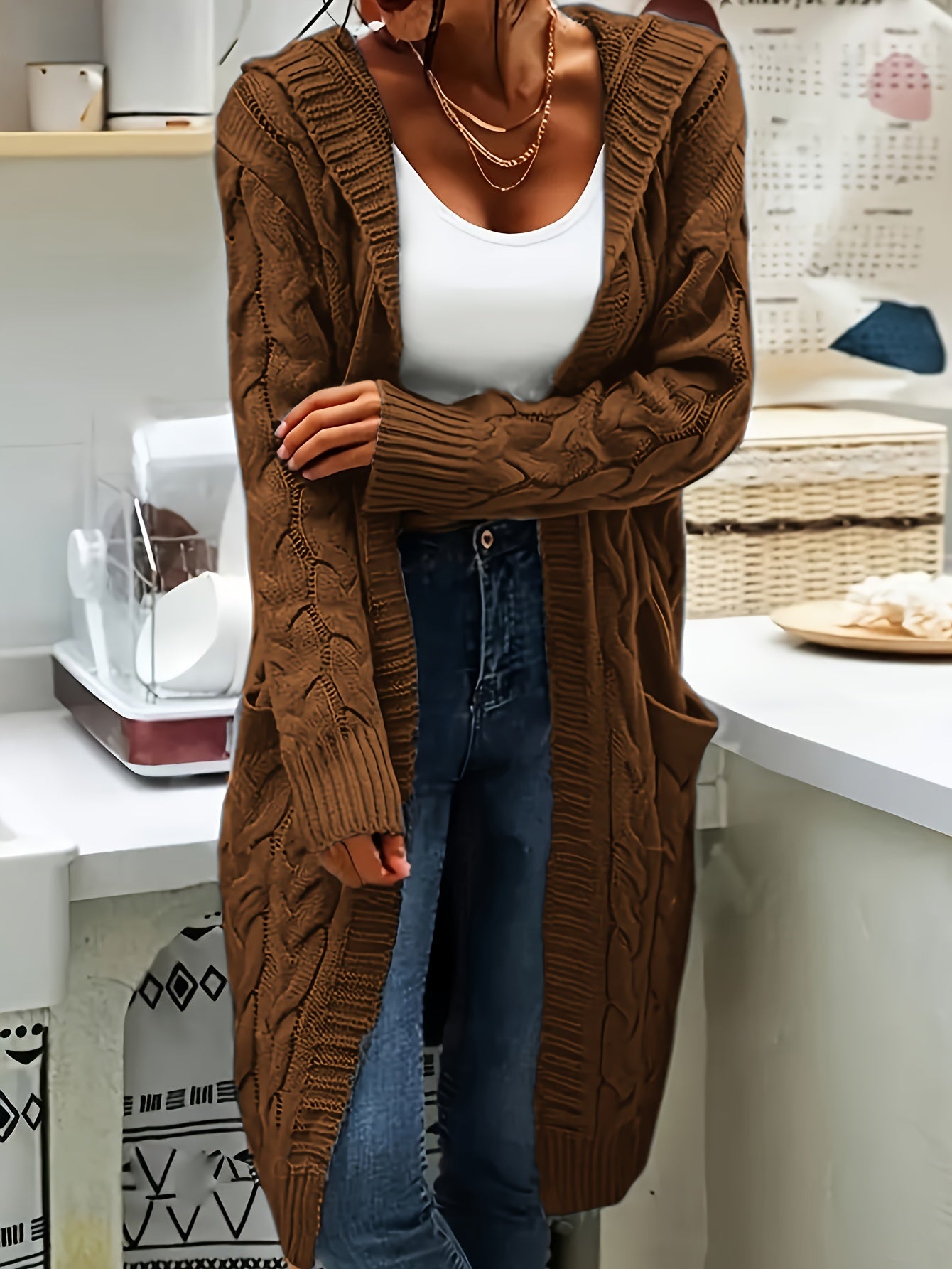 Women's Mid-Length Hooded Cardigan - Soft Stretchy Solid Color Long Sleeve Open Front Sweater with Pockets, Machine Washable Casual Elegance for Fall Winter, Everyday Comfort Wear, Stylish Hooded Design, Comfortable Fit