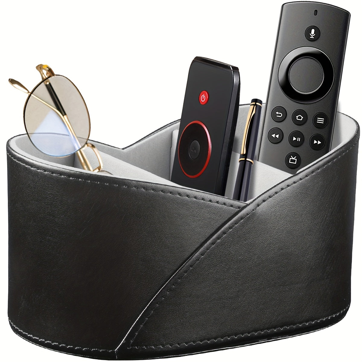 PU Leather Open Storage Box with 3 Compartments, Desktop Remote Control Holder/Makeup Organizer/Versatile Gray Storage Basket for Home Appliance Controllers, Cosmetics, Art Supplies, Stationery, Glasses, Office Supplies and A