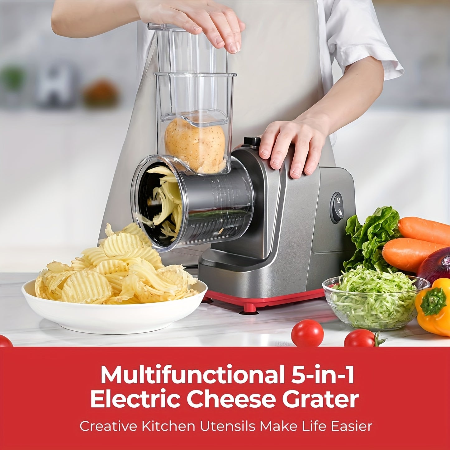 SENBOWE 5-in-1 Electric Cheese Grater & Salad Maker - Versatile Kitchen Gadget with 5 Blades for Perfect Slices, Shreds & Chops - Ideal for Cheese, Vegetables, Nuts & More - Stainless Steel, EU Plug