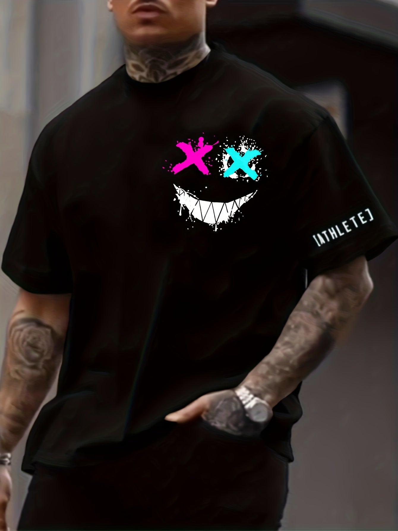 Smile Face Print, Men's Graphic Design Crew Neck T-shirt, Casual Comfy Tees Tshirts For Summer, Men's Clothing Tops For Daily Vacation Resorts