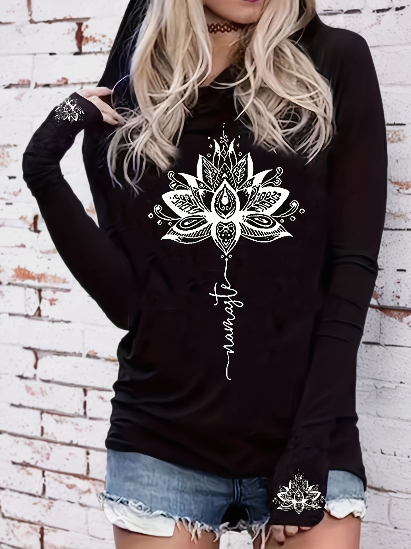 Lotus Print Crew Neck Hooded T-shirt, Casual Long Sleeve T-shirt For Spring & Fall, Women's Clothing