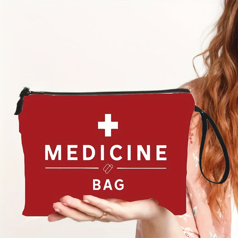 1pc Red Medicine Cosmetic Bag with Wrist Strap, Portable Migraine Medication Bag, Compact Travel Pill Pouch, Chronic Illness Medicine Kit