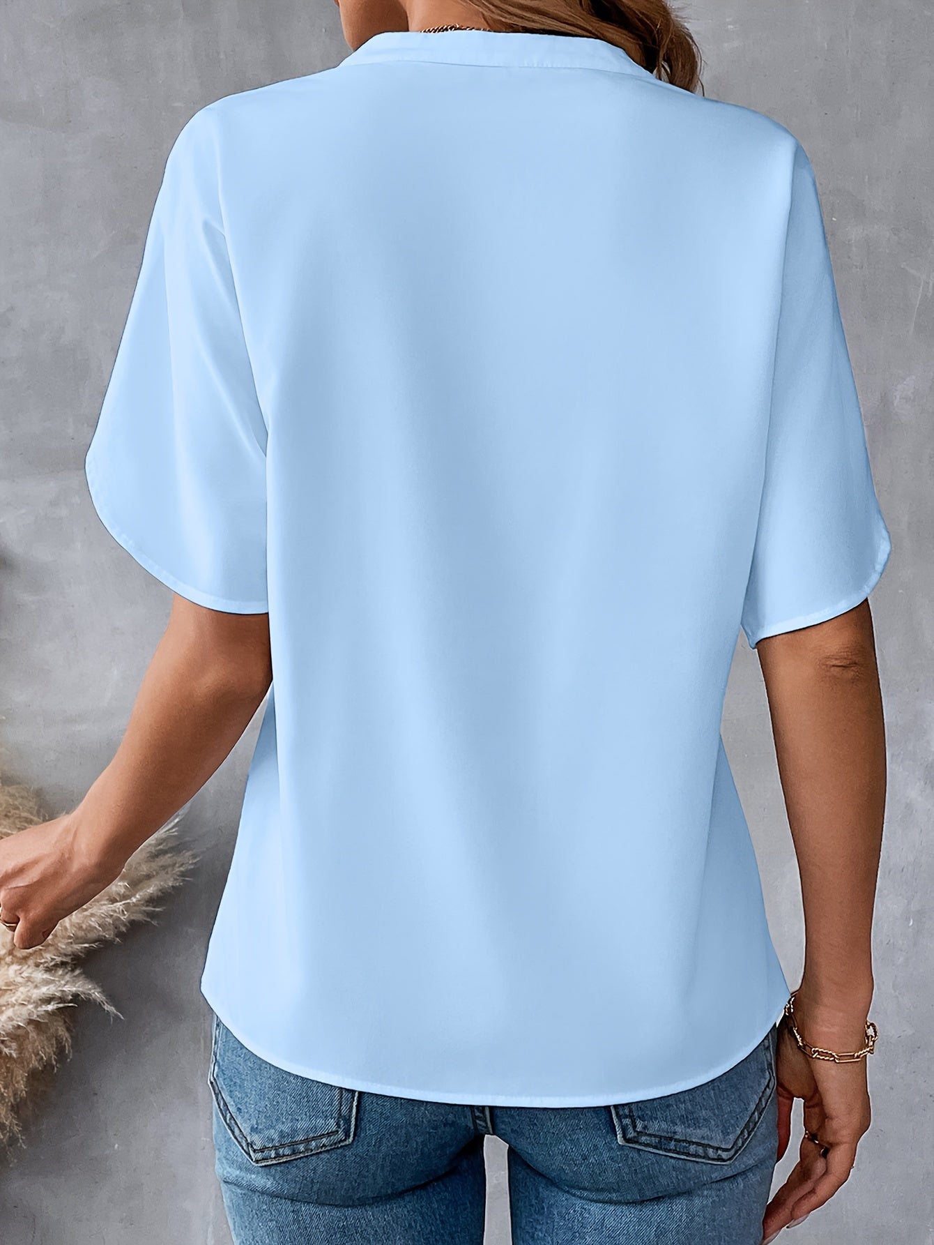 Solid Color Notch Neck Blouse, Casual Short Split Sleeve Blouse For Spring & Summer, Women's Clothing