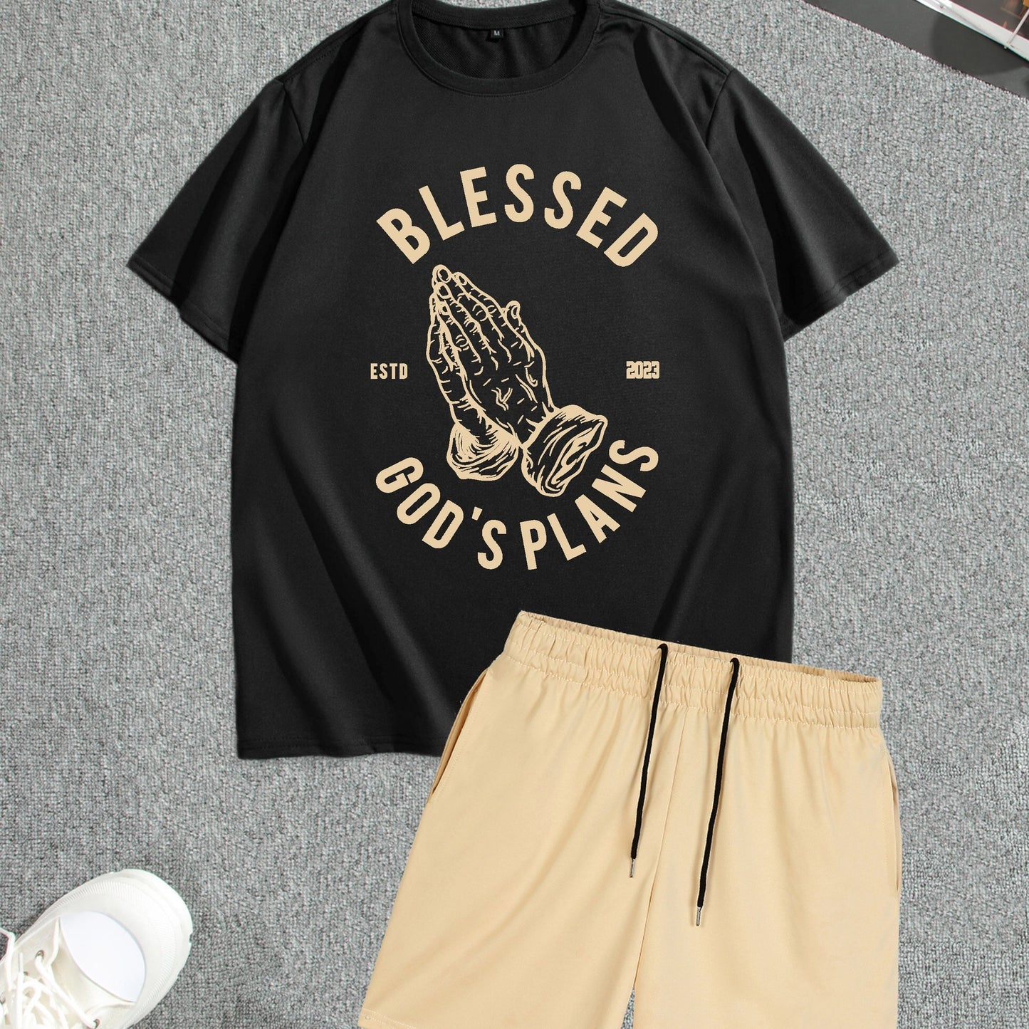 Men's Street Style Summer 2PCS Outfits, Male's Trend TRUST Graphic Short-sleeve Crew Neck T-shirt Drawstring Shorts Set, Casual Clothes For Men