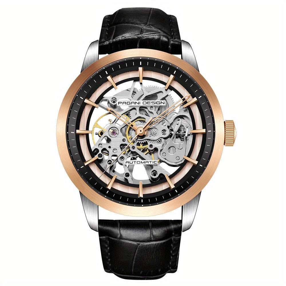 Pagani Design 2023 Men's Automatic Skeleton Watch, Self-Winding, Stainless Steel, Leather Strap, Pointer Series, Water Resistant To 100 Meters Sports Leather Watch