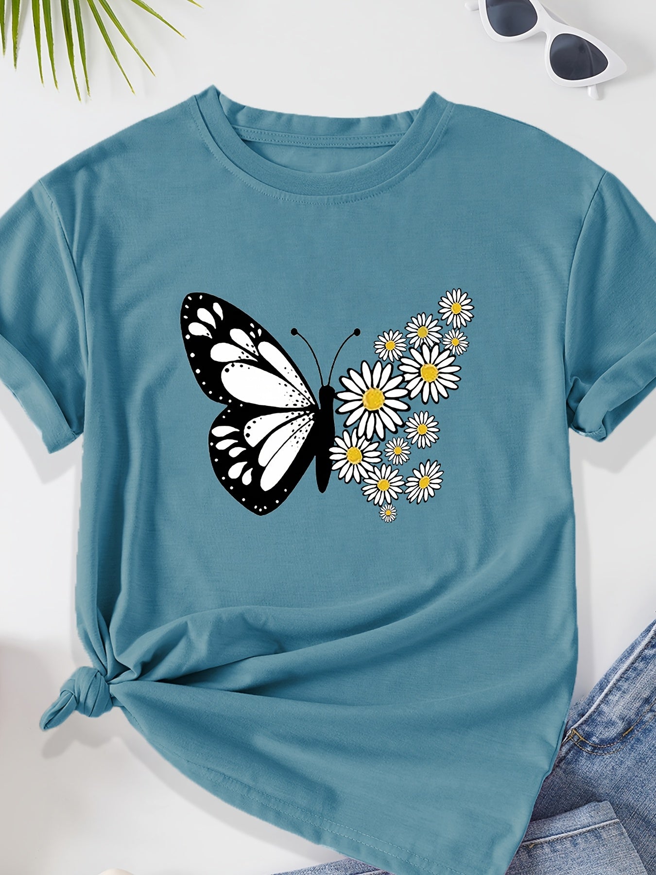 Women's Casual Butterfly & Daisy Floral Print Round Neck T-Shirt - Olive Green, Machine Washable, Regular Fit for Casual Attire, Allseason Fashion, Relaxed Style, Nontransparent Fabric